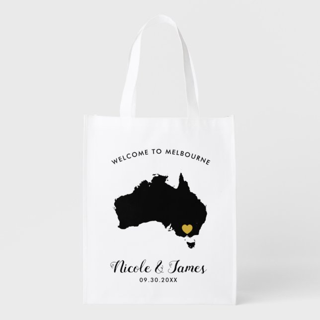 Australia Wedding Welcome Bag Tote, Black and Gold (Front)