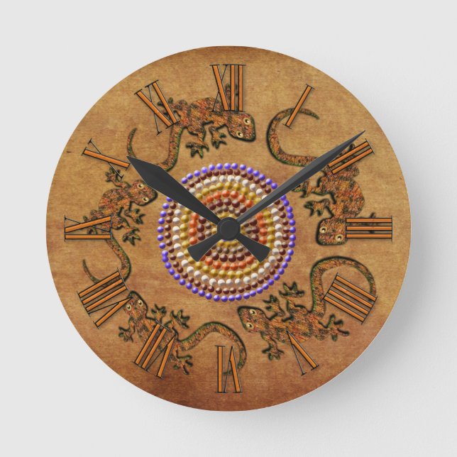 Australian Aboriginal Art with A Circle of Geckos Round Clock (Front)