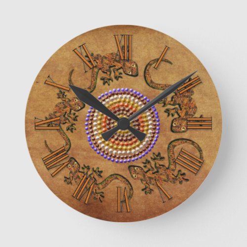 Australian Aboriginal Art with A Circle of Geckos Round Clock