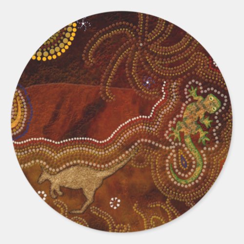 Australian Aboriginal Style Kangaroo  Gecko Classic Round Sticker