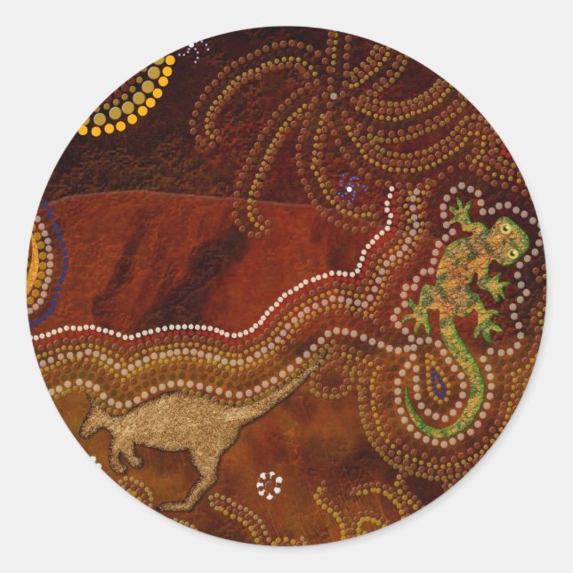Australian Aboriginal Style Kangaroo & Gecko Classic Round Sticker (Front)