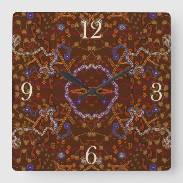 Australian Aboriginal-style Walkabout Art Design Square Wall Clock (Front)
