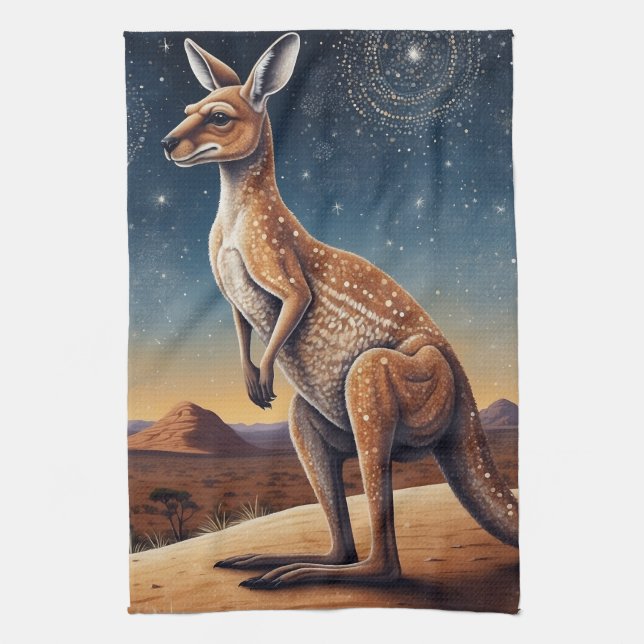 Australian Aboriginal-themed Kangaroo Scene Kitchen Towel (Vertical)