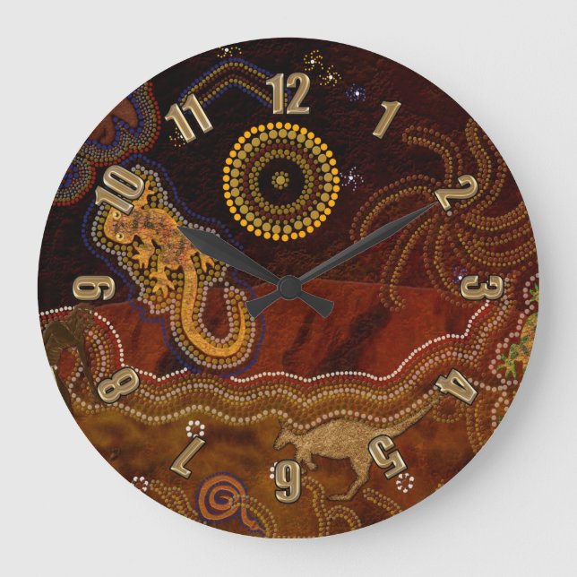 Australian Aborigine Style Desert Heat & Animals Large Clock (Front)