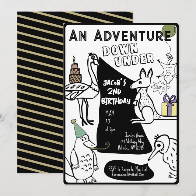 Australian Animal Coloring Page Kids Birthday Invitation (Front/Back)