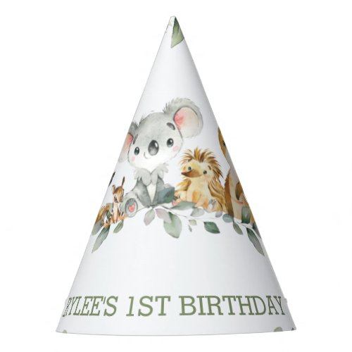 Australian Animal Greenery 1st Birthday Boy Girl   Party Hat