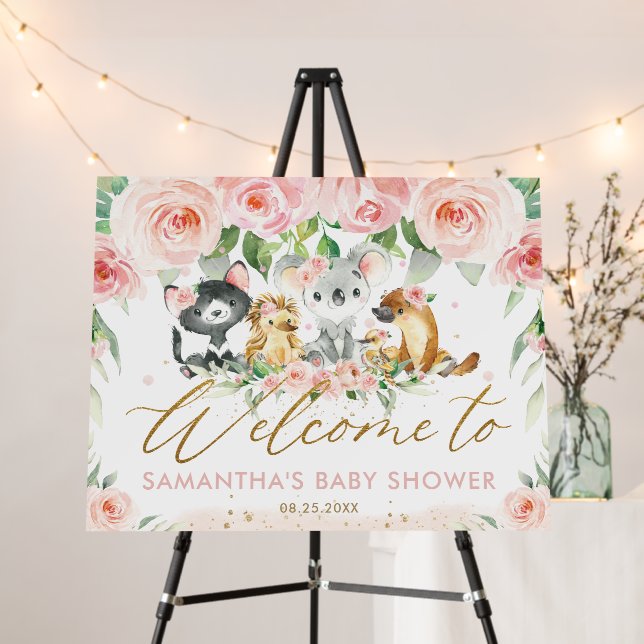 Australian Animal Pink Floral Baby Shower Welcome  Foam Board (In Situ (Stand))
