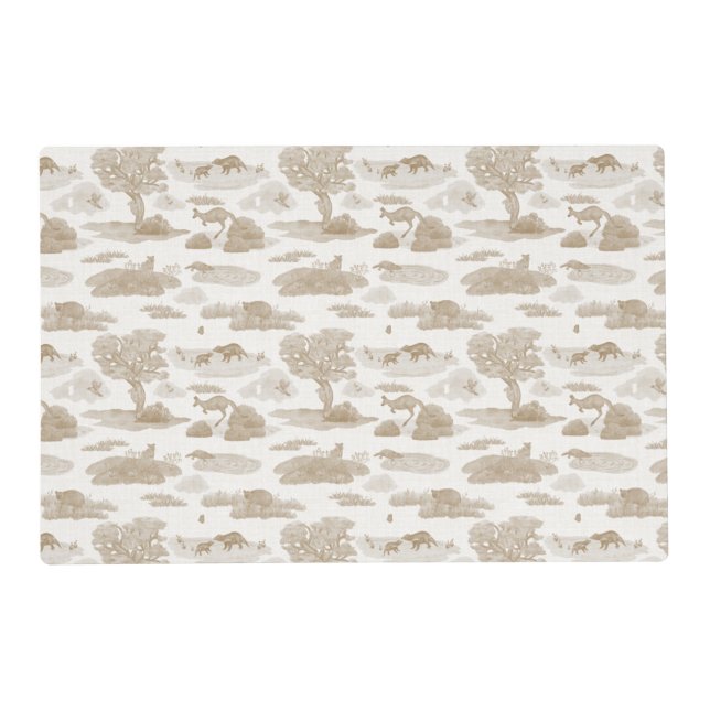Australian Animal Toile Placemat (Tan Linen)  (Front)