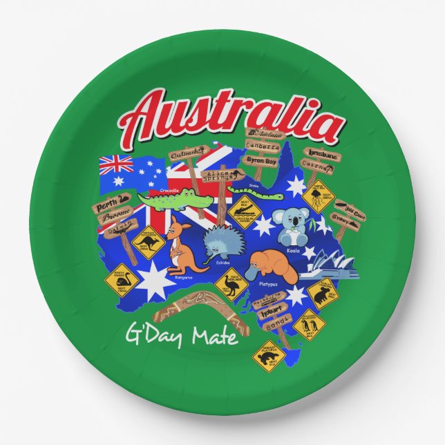 Australian animals and locations paper plates (Front)