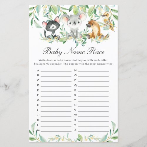 Australian Animals Baby Name Race Baby Shower Game