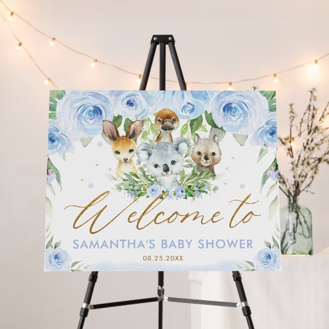 Australian Animals Blue Floral Baby Shower Welcome Foam Board (In Situ (Stand))