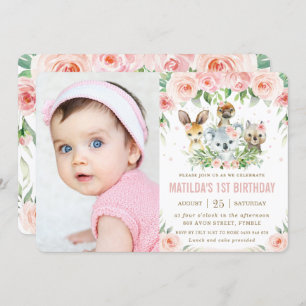 Australian Animals Blush Floral Birthday Photo Invitation