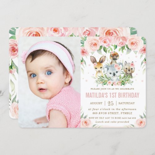 Australian Animals Blush Floral Birthday Photo  Invitation