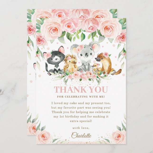 Australian Animals Blush Pink Floral Birthday Baby Thank You Card (Front/Back)