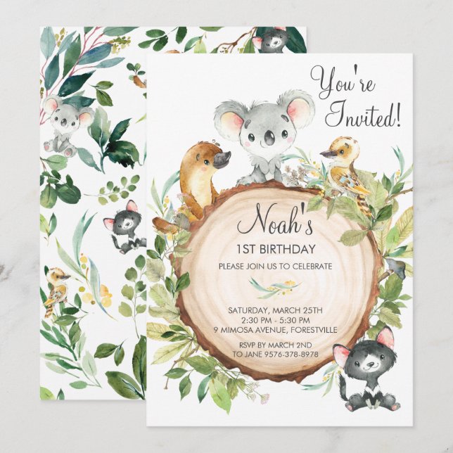 Australian Animals Cute Koala 1st Birthday Party Invitation (Front/Back)
