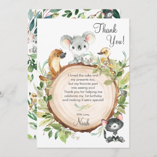 Australian Animals Cute Koala 1st Birthday Party  Thank You Card