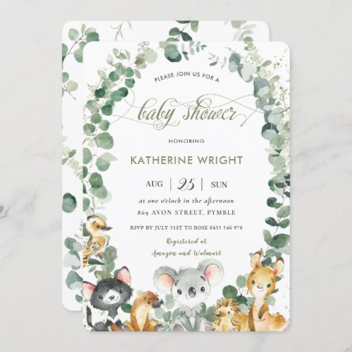 Australian Animals Eucalyptus Greenery Baby Shower Invitation