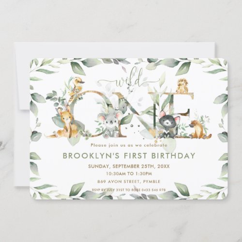 Australian Animals Greenery 1st Birthday Wild One Invitation