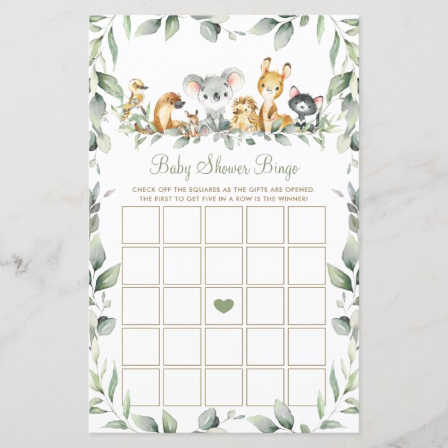 Australian Animals Greenery Baby Shower Bingo Game (Front)