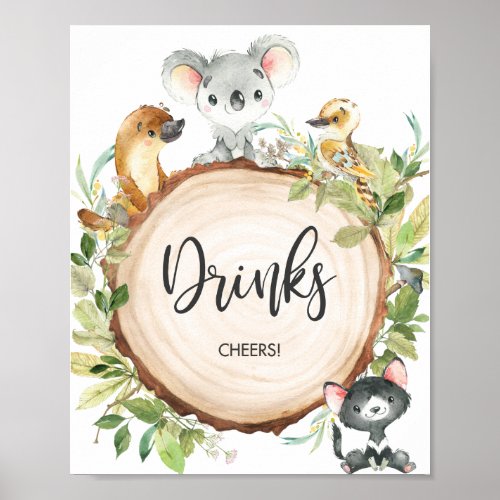 Australian Animals Greenery Baby Shower Drinks  Poster