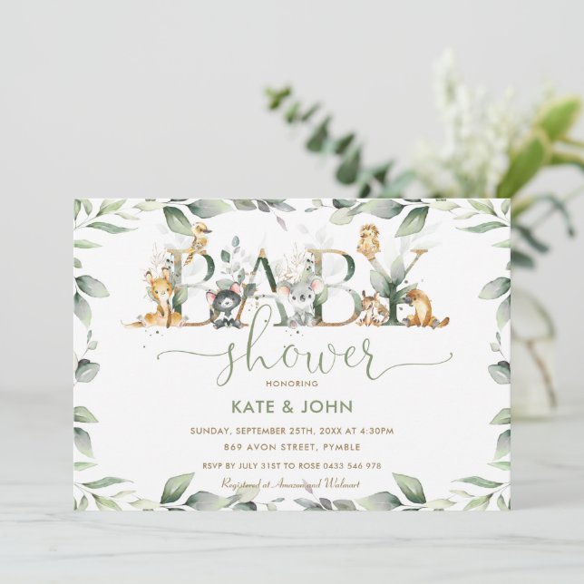 Australian Animals Greenery Baby Shower Neutral  Invitation (Standing Front)
