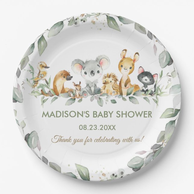 Australian Animals Greenery Birthday Baby Shower  Paper Plates (Front)