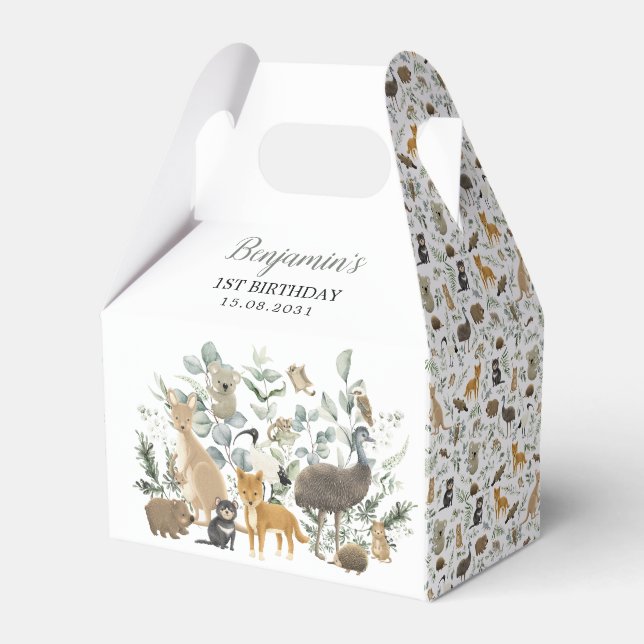 Australian Animals Greenery Eucalyptus Birthday Favor Boxes (Front Side)