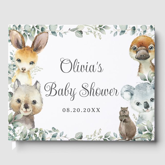 Australian Animals Greenery Neutral Baby Shower  Guest Book (Front)