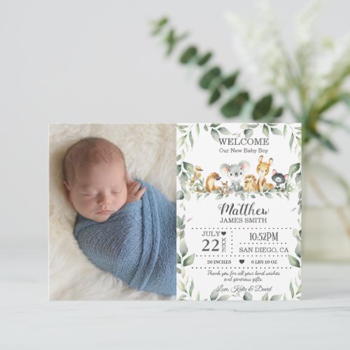 Australian Animals Greenery New Baby Photo Birth  Announcement