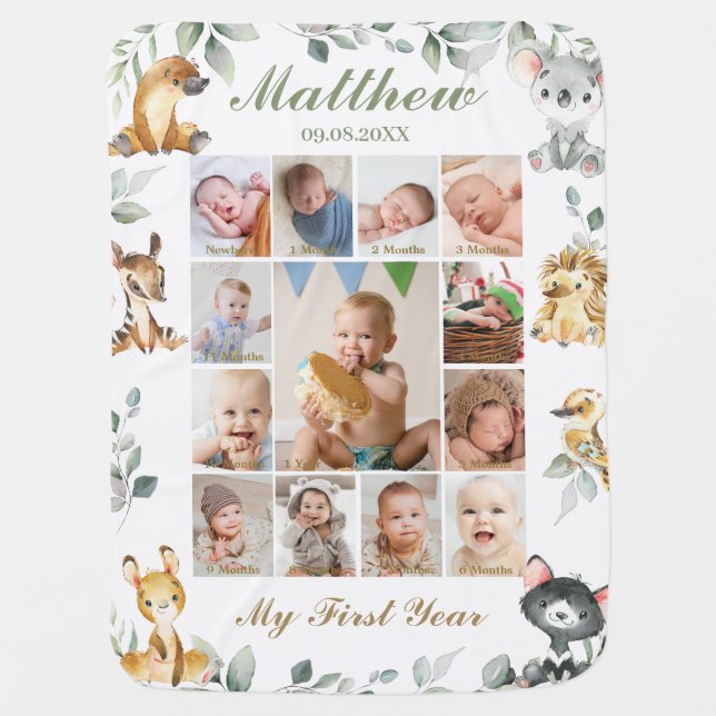 Australian Animals Greenery Photo 1st Milestone  B Baby Blanket (Front)