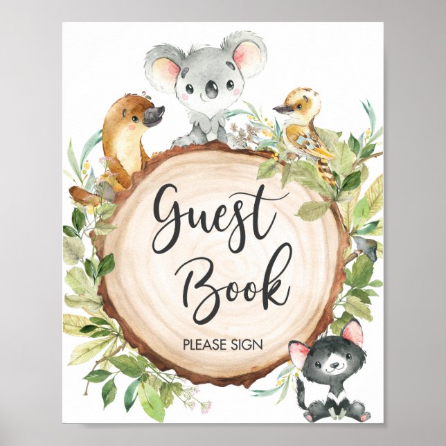 Australian Animals Greenery Shower Guest Book Sign (Front)