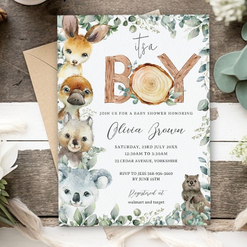 Australian Animals Greenery Wood Boy Baby Shower  Invitation