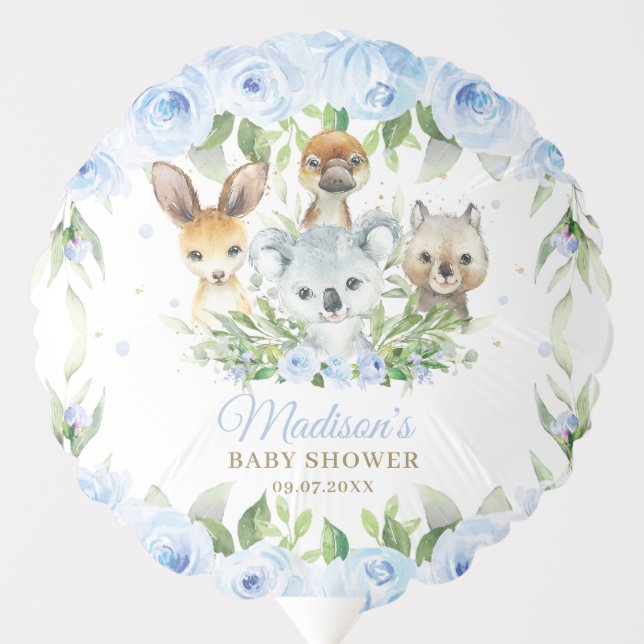 Australian Animals Koala Blue Floral Baby Shower Balloon (Front)
