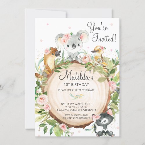 Australian Animals Koala Floral Girl Birthday  Invitation