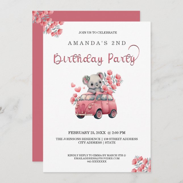 Australian Animals Koala Pink BIRTHDAY  Invitation (Front/Back)