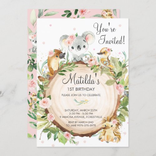 Australian Animals Koala Pink Floral Girl Birthday Invitation