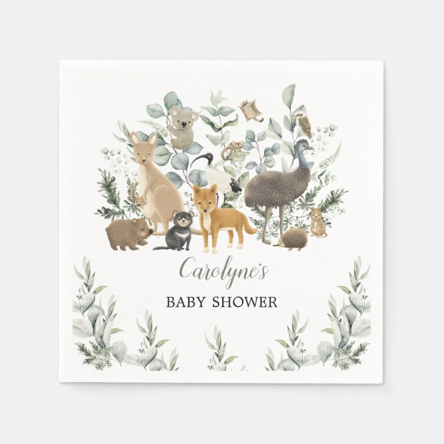 Australian Animals Leafy Eucalyptus Baby Shower Napkins (Front)