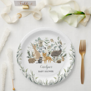 Australian Animals Leafy Eucalyptus Baby Shower Paper Plates