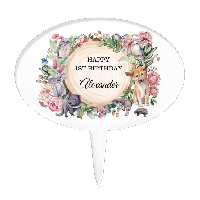 Australian Animals Native Floral Greenery Birthday Cake Topper (Front)