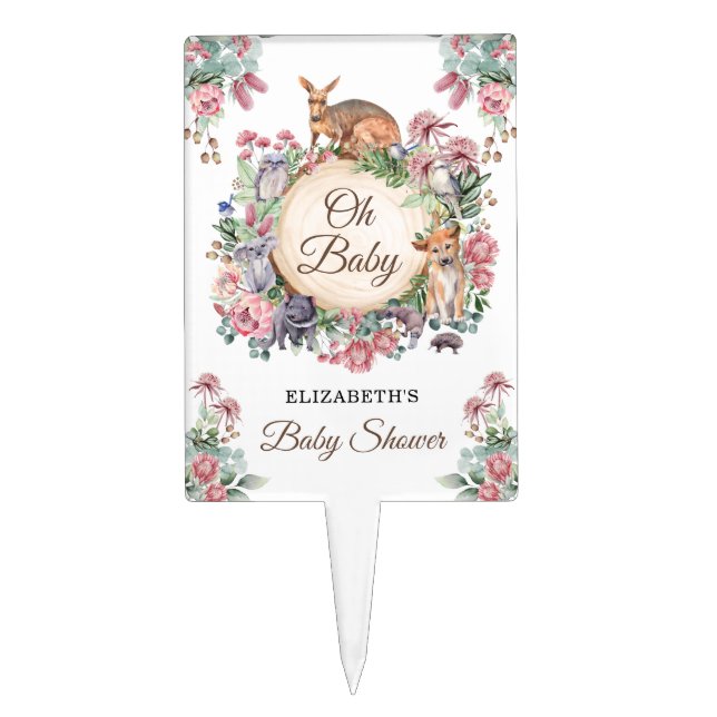 Australian Animals Native Florals Baby Shower Cake Topper (Front)