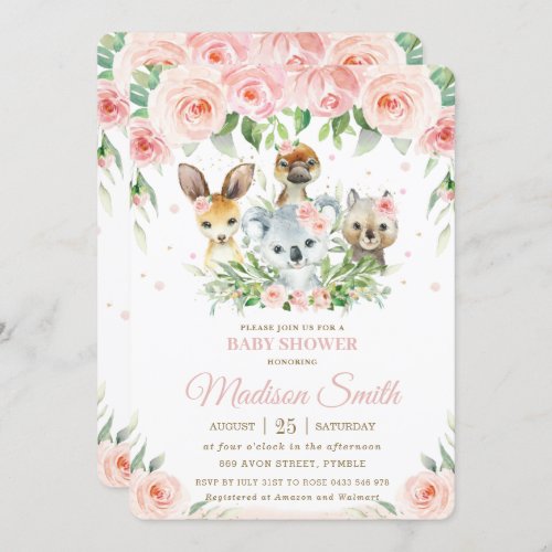 Australian Animals Pink Blush Floral Baby Shower Invitation