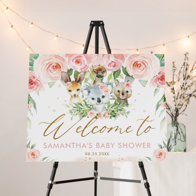 Australian Animals Pink Floral Baby Shower Welcome Foam Board (In Situ (Stand))