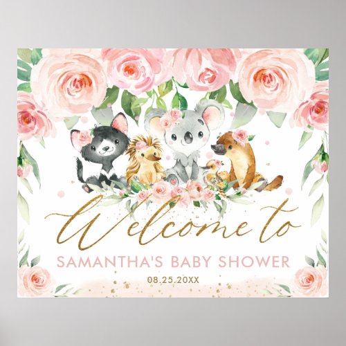 Australian Animals Pink Floral Baby Shower Welcome Poster