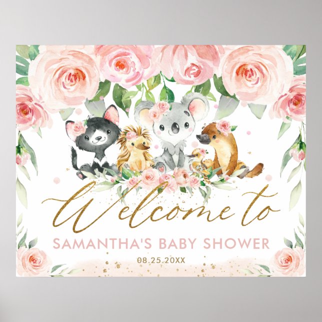 Australian Animals Pink Floral Baby Shower Welcome Poster (Front)