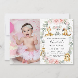 Australian Animals Pink Floral Birthday Photo Invitation
