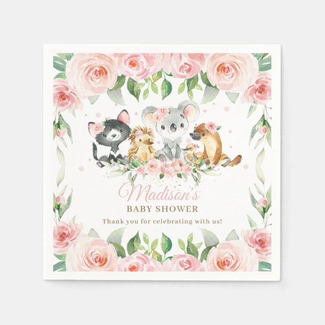 Australian Animals Pink Floral Girl Baby Shower Napkins (Front)