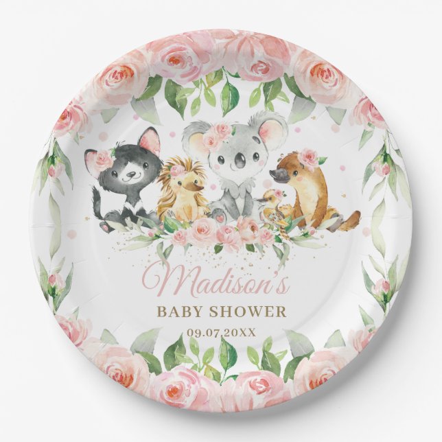 Australian Animals Pink Floral Girl Baby Shower   Paper Plates (Front)