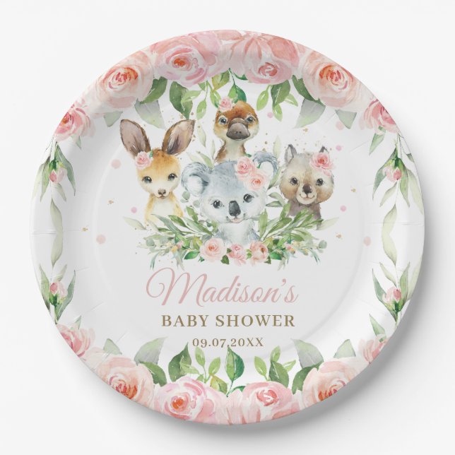 Australian Animals Pink Floral Girl Baby Shower Paper Plates (Front)