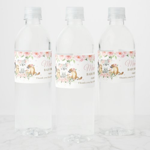 Australian Animals Pink Floral Girl Baby Shower Water Bottle Label