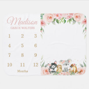 Australian Animals Pink Floral Monthly Milestone Baby Blanket